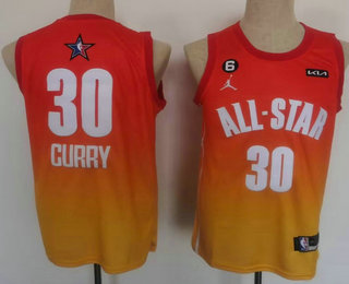 Mens Golden State Warriors 30 Stephen Curry Orange 2022 All Star 6 Patch Icon Sponsor Swingman Jersey